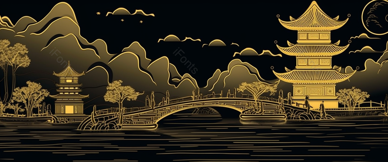 黑金质感国潮风小巧流水人家绘横板壁纸,插画/手绘图,插画/手绘图库,插画/手绘图下载,插画/手绘